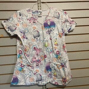 DreamWorks Trolls Scrub Top Womens Medium V-Neck Poppy Branch White‎ Multicolor